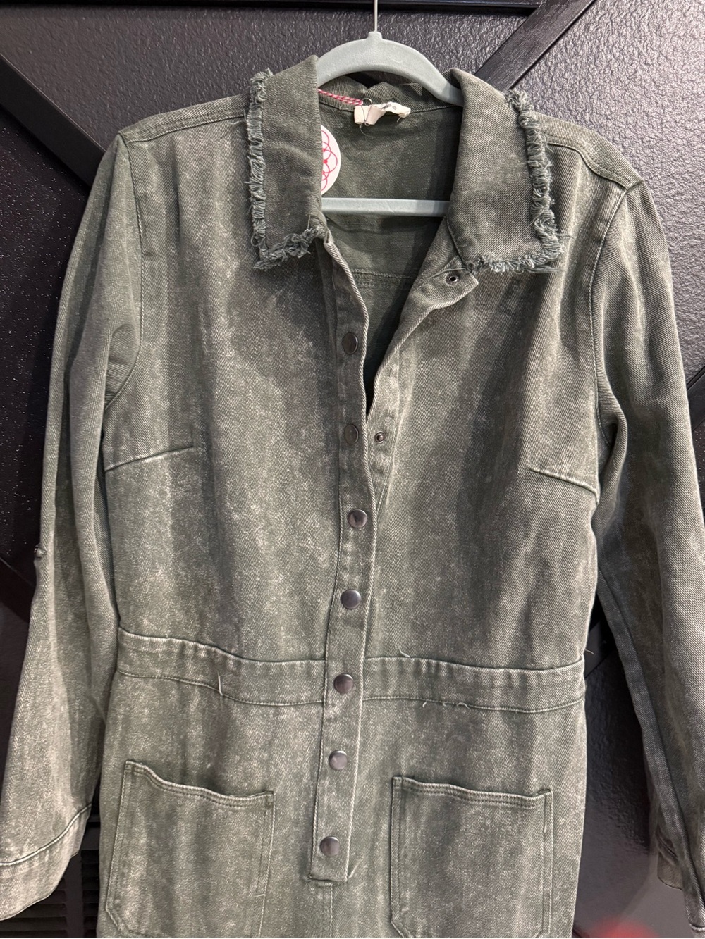 Umgee Olive Green Frayed Collar Utility Jumpsuit - Picture 5 of 7